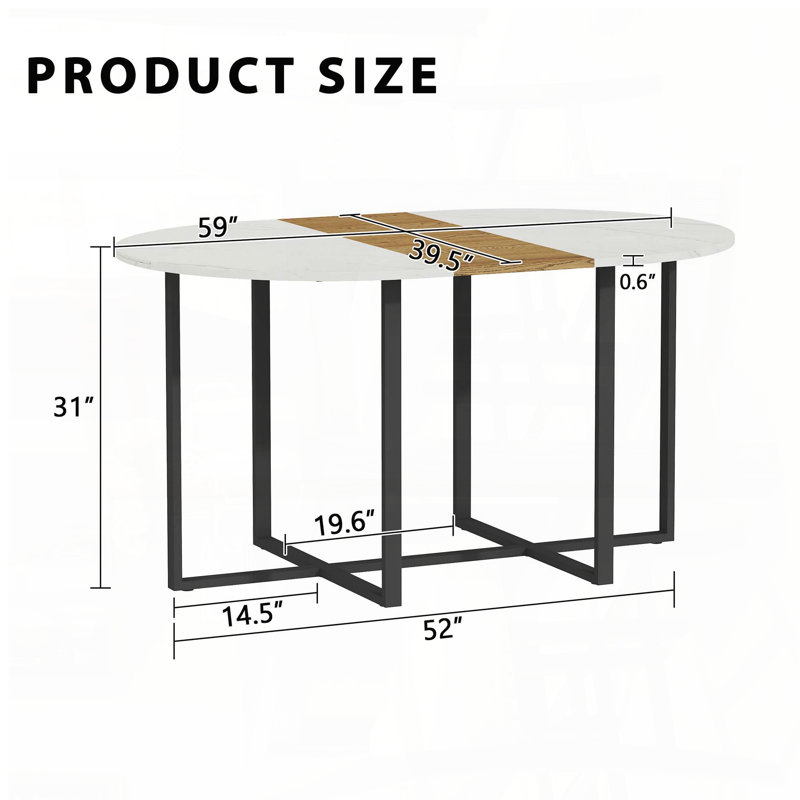 Table de salle à manger ovale en faux marbre avec bande centrale grain de bois (6 places assises)