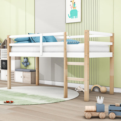 Twin Wooden Loft Bed With Built-In Ladder And Slats