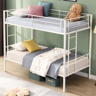 Lit superposé en métal blanc - élément de chambre à coucher moderne, structure simple au-dessus de l'espace, assemblage en acier robuste pour la durabilité et la stabilité, zone de couchage silencieuse, grande capacité de charge, escalier sécuritaire