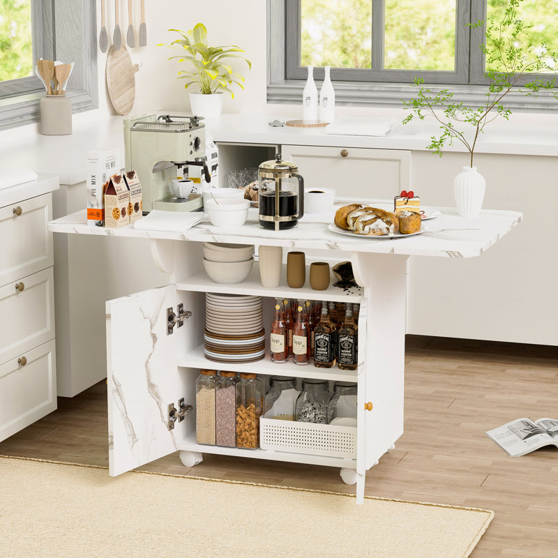 Table pour îlot de cuisine, table de salle à manger pliante en bois de 47 po avec support de rangement et armoire, table d'entrée amovible à 6 roulettes, couleur marbre blanc, table d'appoint et table basse polyvalente