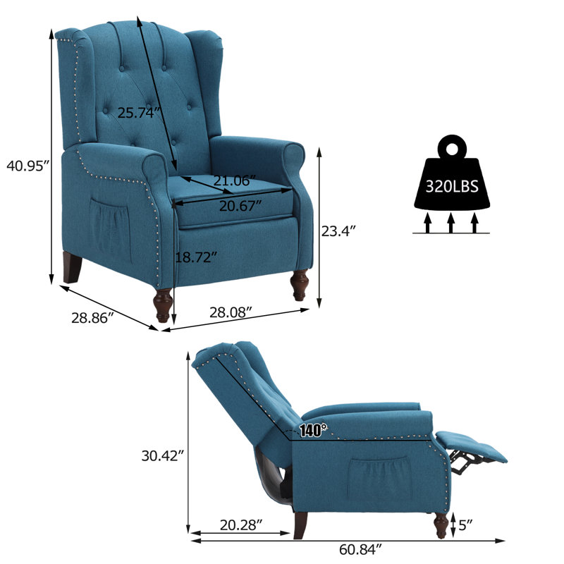 Fauteuil inclinable rembourré avec fonction de chaleur et de massage pour le salon, Mélange de polyester bleu