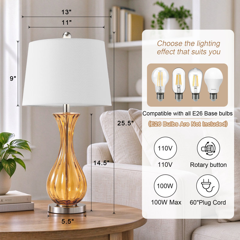 Lampe de table en verre 25,5 "avec base chromée Ursulines, Amber
