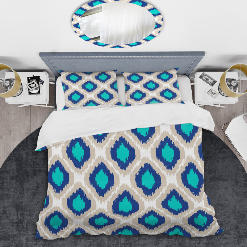 Blue Ikat Ogee - Ensemble de housse de couette abstrait - Microfibre de polyester
