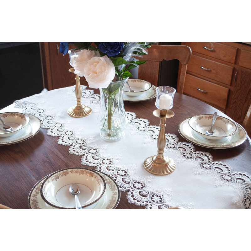 Colfontaine White European Lace and Antique Jacquard Fabric Table Runner, 54" x 16"