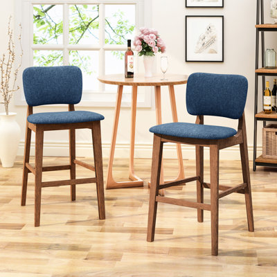 De 2 chaises de bar Mid-Century - Tissu bleu foncé, bois massif, pieds gracieux fuselés de style 2 bleu, élégant