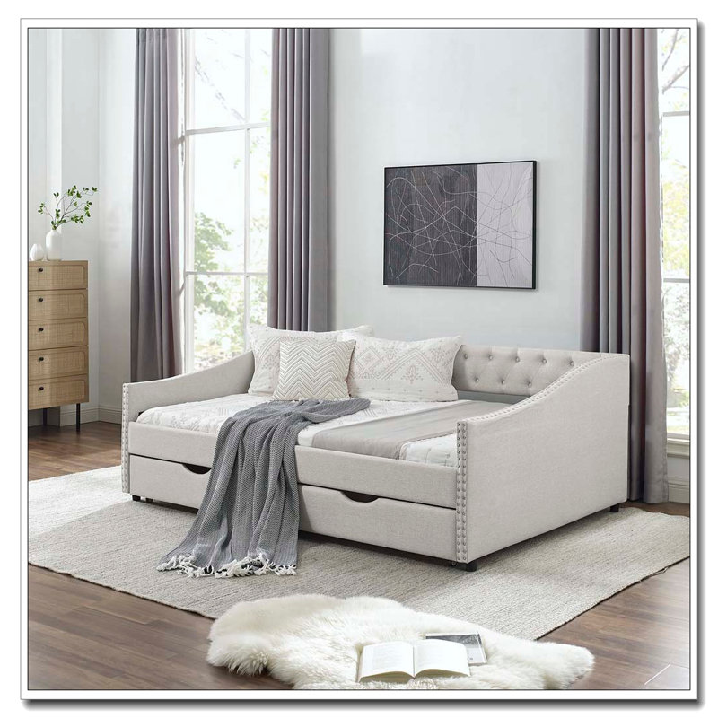 Canapé-lit rembourré capitonné, Lit double, Beige