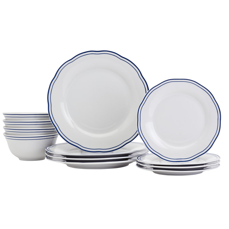12 Piece White Porcelain Dinnerware Set with Blue Stripes