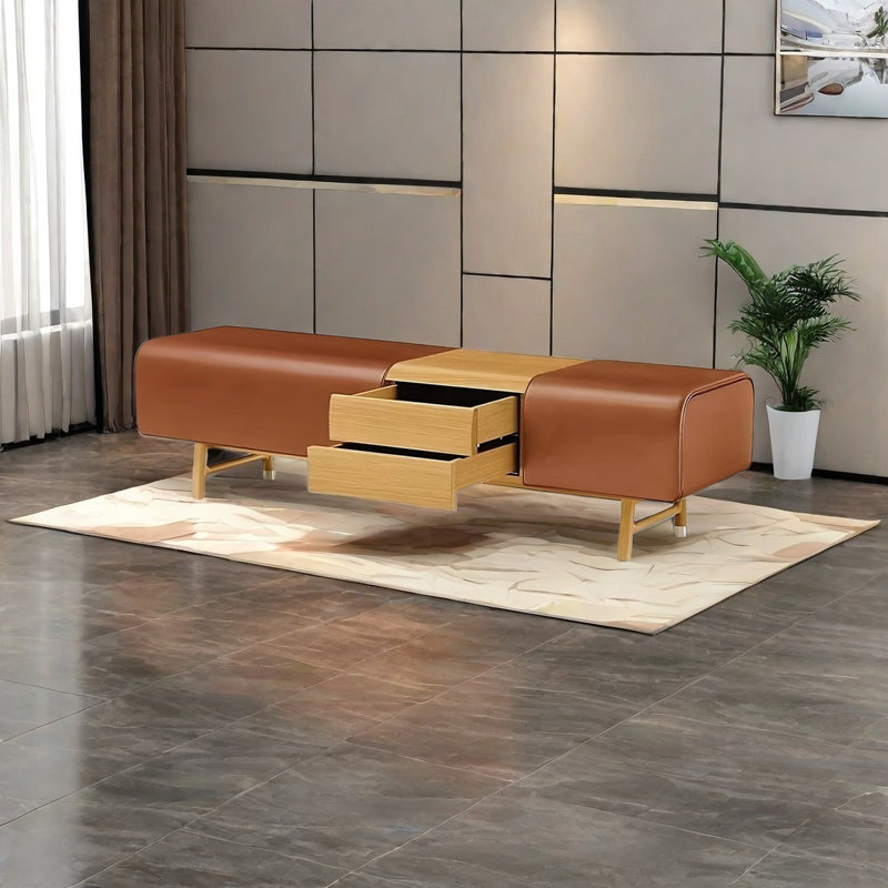 Banc de rangement rembourré en cuir, Brun rougeâtre / naturel