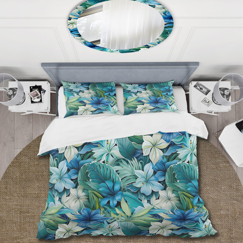 Literie à motif tropical bleu azur et vert, Housse de couette pour très grand lit et 2 très