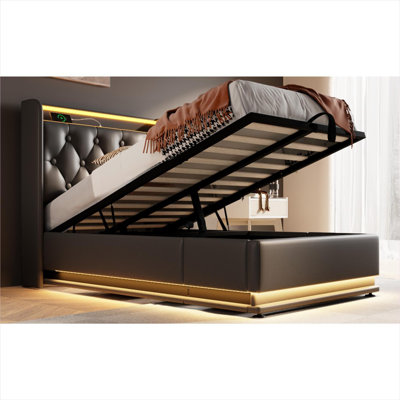 Bedroom Upholstered Storage Bed Frame, Sleek Black PU Twin Size with 360-Degree Surround LED and USB-C Charging (No Mattress Included)