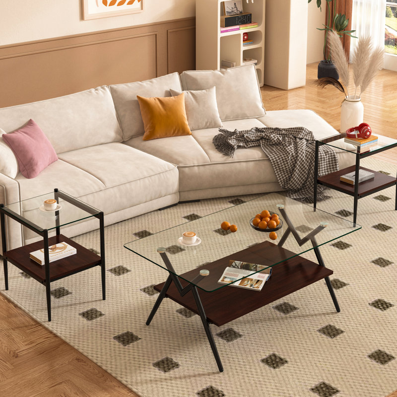 3 tables en verre trempé et fabrication pour un look moderne, Transparent/Walnut
