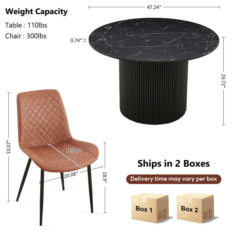 4-Person Dining Set, Black Marble, Brown