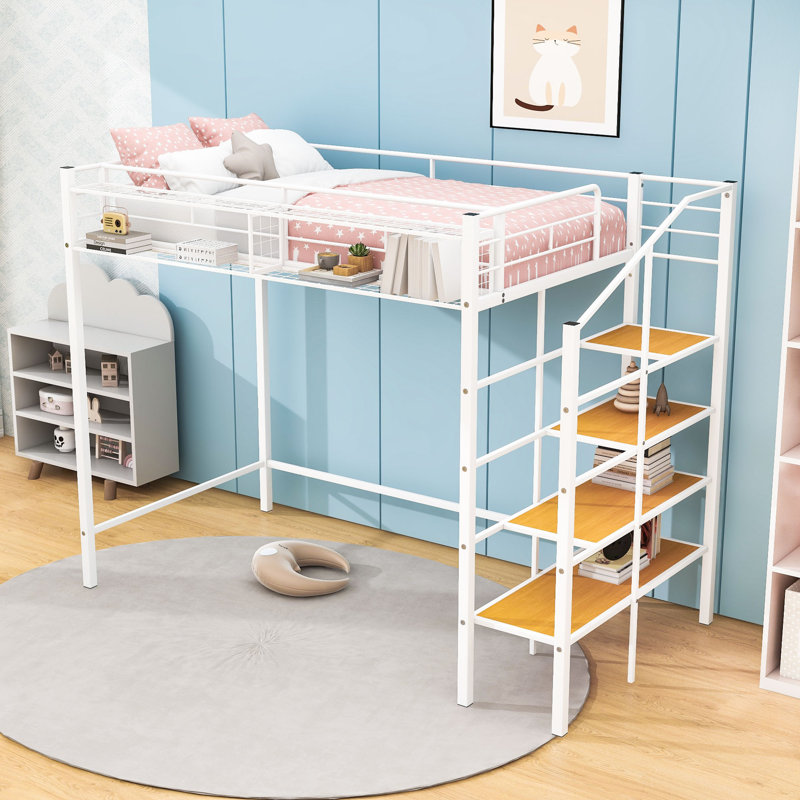Twin Metal Loft Bed With Built-In Shelves And Guardrails, White