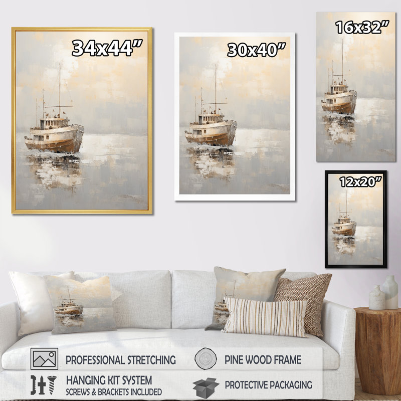 Minimalisme, pêche en bateau, horizon sur toile, Cadre flottant blanc, H 44 po x l 34 po x P 1,5 po