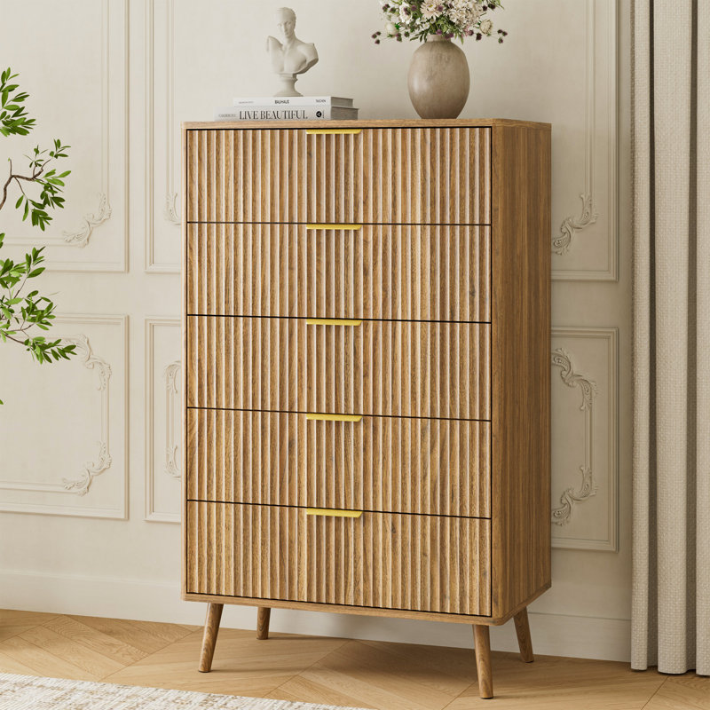 Fluted 5-Drawer Dresser For Bedroom, 28" Modern Chest Of Drawers With Deep Drawers, Curved Profile Design, Wood Drawer Organizer For Living Room, Hallway, Nursery, Hallway Closet - Walnut