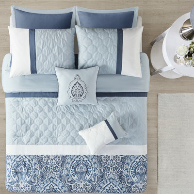 Ensemble de literie pour grand lit 8 pièces - et édredon imprimé 8 pièces avec taies décoratives bleues et blanches