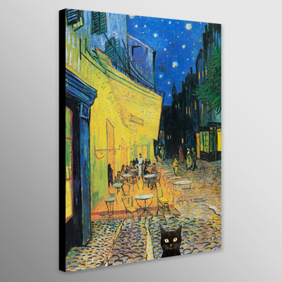 Ridgeley Café Terrace At Night With Black Cat by Vincent Van Gogh - Wrapped Canvas Print