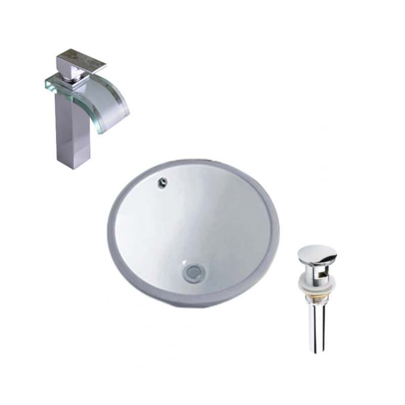 Lavabo de salle de bain circulaire encastré en céramique gris / blanc avec robinet et trop-plein