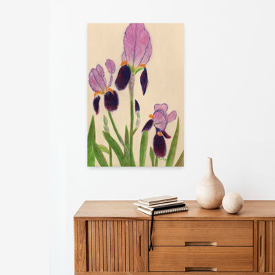 Art mural vibrant, iris mauves délicats, iris
