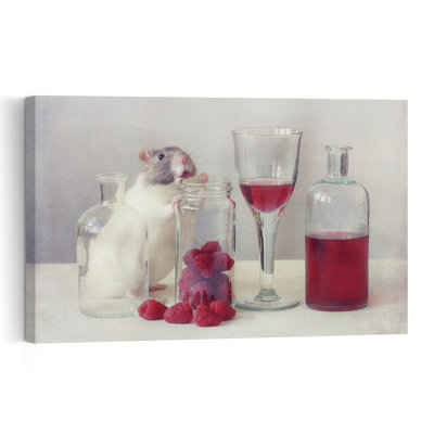 Curious Rat And Berries Elegant Contemporary Animal Fruit Wall Art Print by Ellen van Deelen - 1 Piece Wrapped Canvas Wall Art