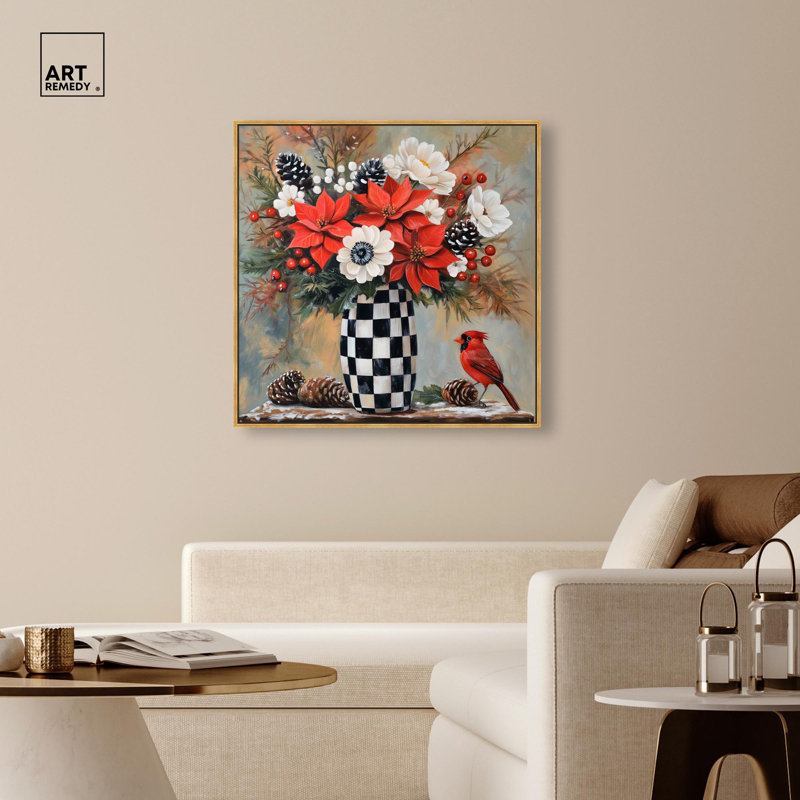Art floral sur toile damier , 41" H x 41" W, Cadre doré