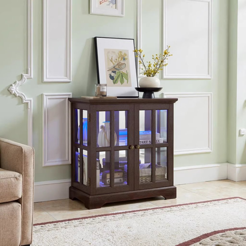 Antique Cherry LED Curio Display Cabinet with Adjustable Glass Shelves, Retro Lattice Door Storage Cabinet for Dining Room Home Decor