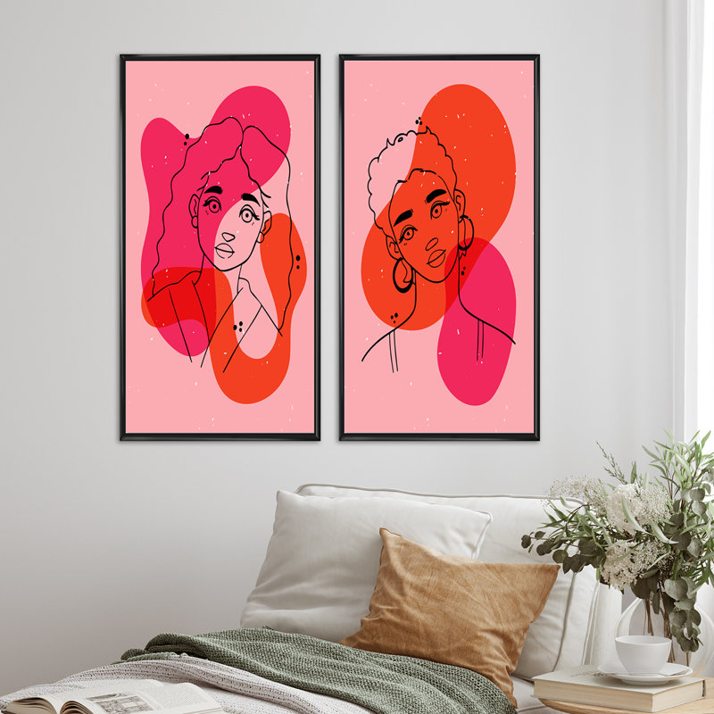 «Abstract Minimalist Woman Portrait», ensemble de 2 peintures, H 40 po x l 40 po x P 1,5 po, Toile avec cadre noir