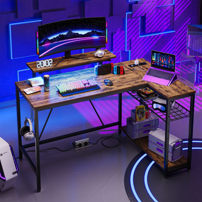 Thielsen 48" L Shaped Computer Desk with Power Outlet, LED Gaming or Work Desk with Monitor Stand