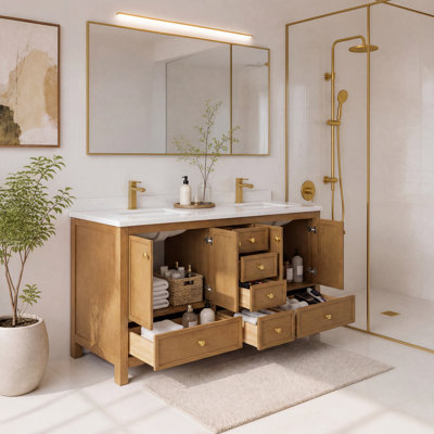 Meuble-lavabo double 60 po avec tiroirs et portes à fermeture en douceur, plateau en pierre reconstituée 60 po