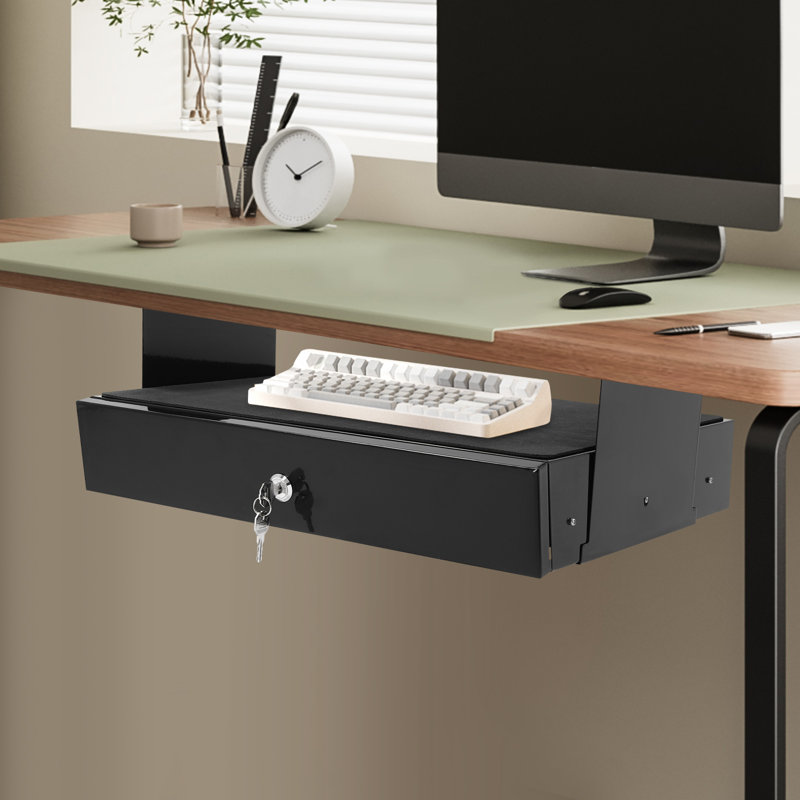Under Desk Mounted Sliding Pull-Out Drawer Storage Organizer, Black