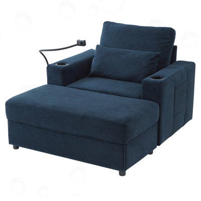 Chaise Lounge Sofa Couch With A Movable Storage Ottoman, Two USB Ports, Two Cup Holders, A Phone Holder