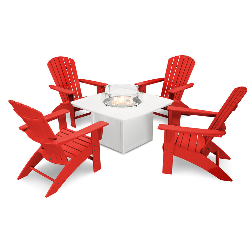 POLYWOOD Nautical Curveback Adirondack 5-Piece Conversation Set with Fire Pit Table, Sunset Red