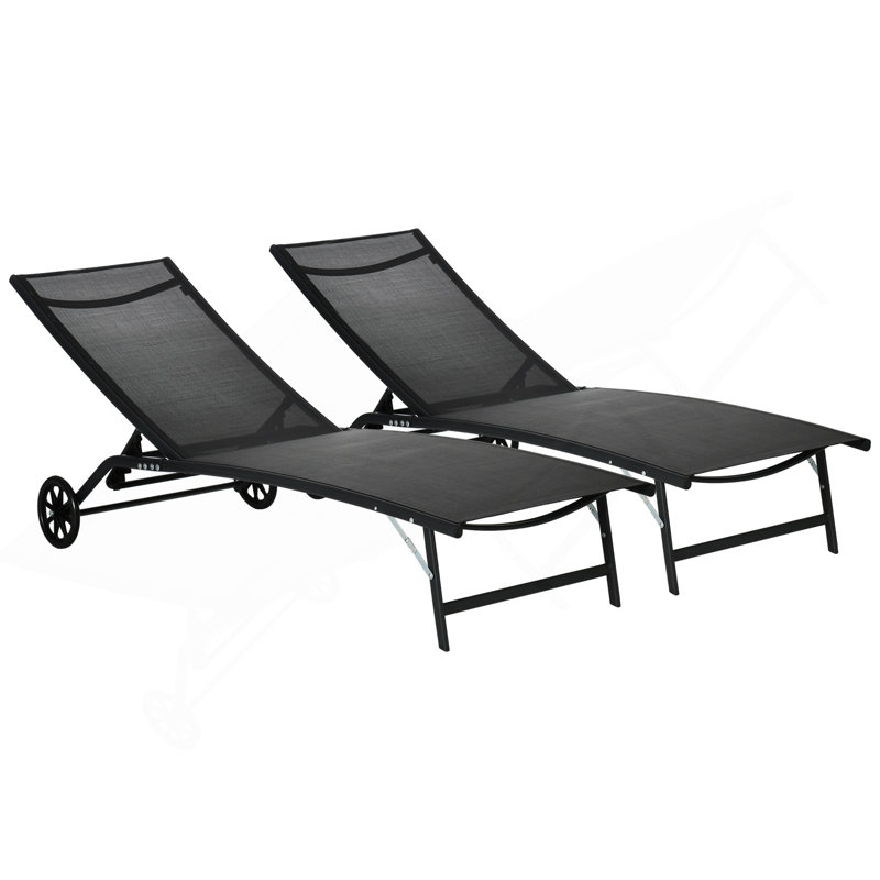Outsunny Chaise Lounge Outdoor, 2 Piece Lounge Chair With Wheels, Tanning Chair With 5 Adjustable Positions For Patio, Beach, Yard, Pool, Black