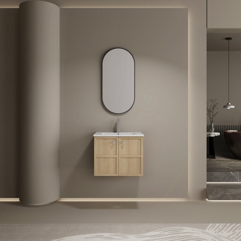 Wall-Mounted Bathroom Vanity Whit Ceramic Sink, 2-Soft Closing Door, Oak, Plywood, 24"