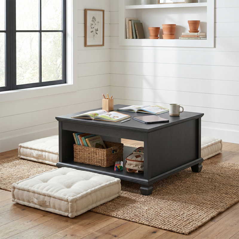Weston 31.5" Traditional Square Coffee Table with Open Shelf, Black Oak