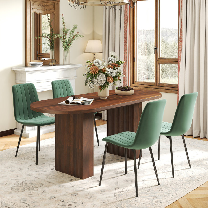 Ensemble de table de salle à manger Mid-Century, 5 pièces: table, 4 chaises, Noyer, Vert