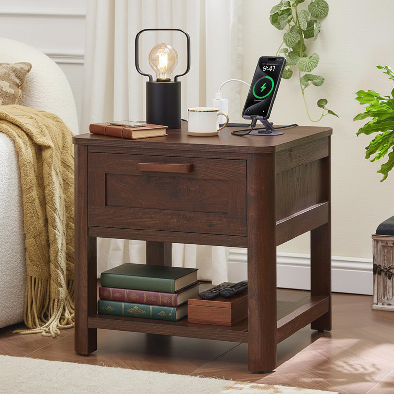  Table de chevet carrée 20 po avec station de charge USB-C et tiroir, table de chevet en bois foncé avec tablette ouverte