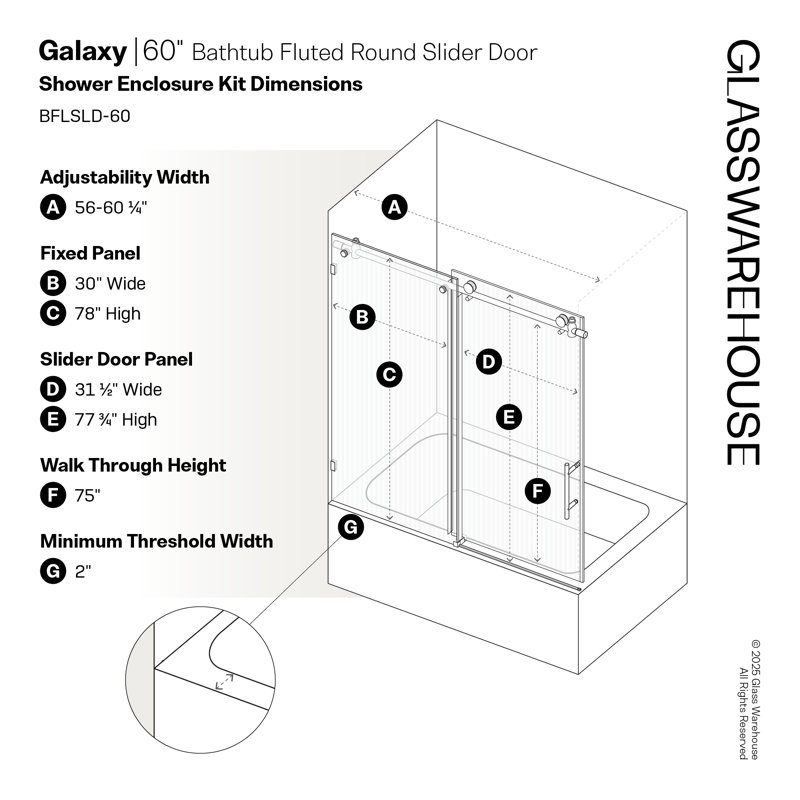 Galaxy 56 - 60 in. x 60 in. Fully Frameless Fluted Sliding Bathtub Door, Satin Brass, Right Hand