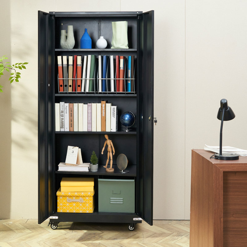 Black Steel Office Cabinet with Adjustable Shelving and Lock