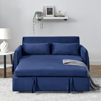 55" Modern Convertible Sofa Bed With 2 Detachable Arm Pockets, Velvet Loveseat Sofa With Pull Out Bed, 2 Pillows And Living Room Adjustable Backrest, Grid Design Armrests