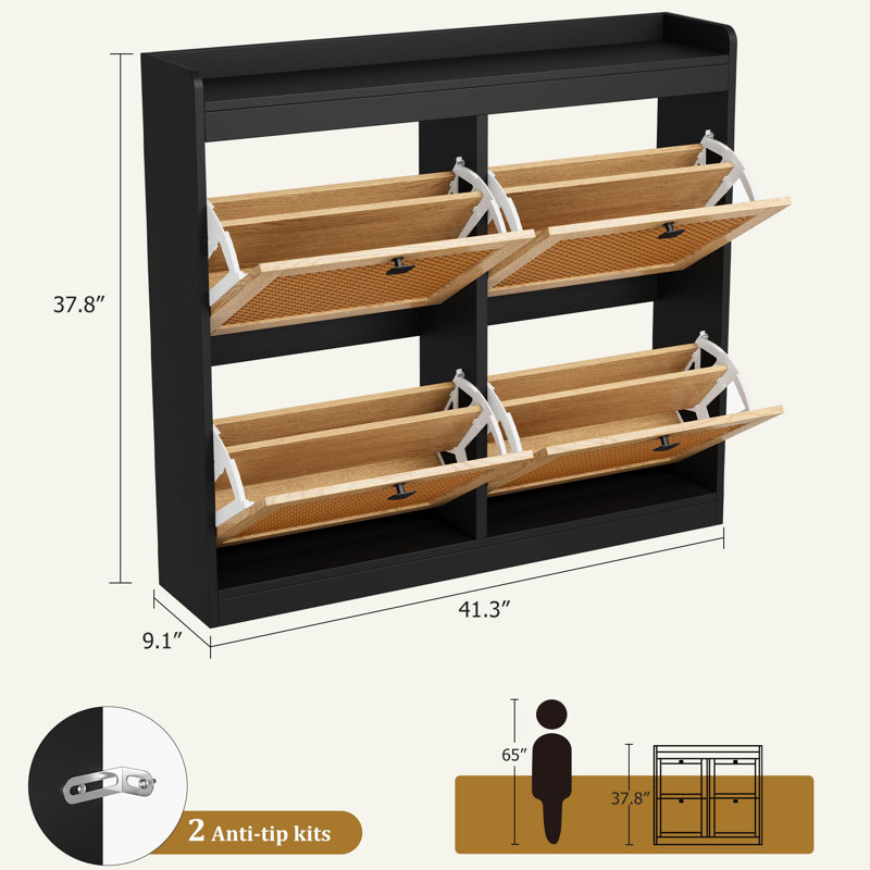  Armoire de rangement pour chaussures 4 tiroirs profonds et inclinables, portes en rotin et 3 tablettes réglables