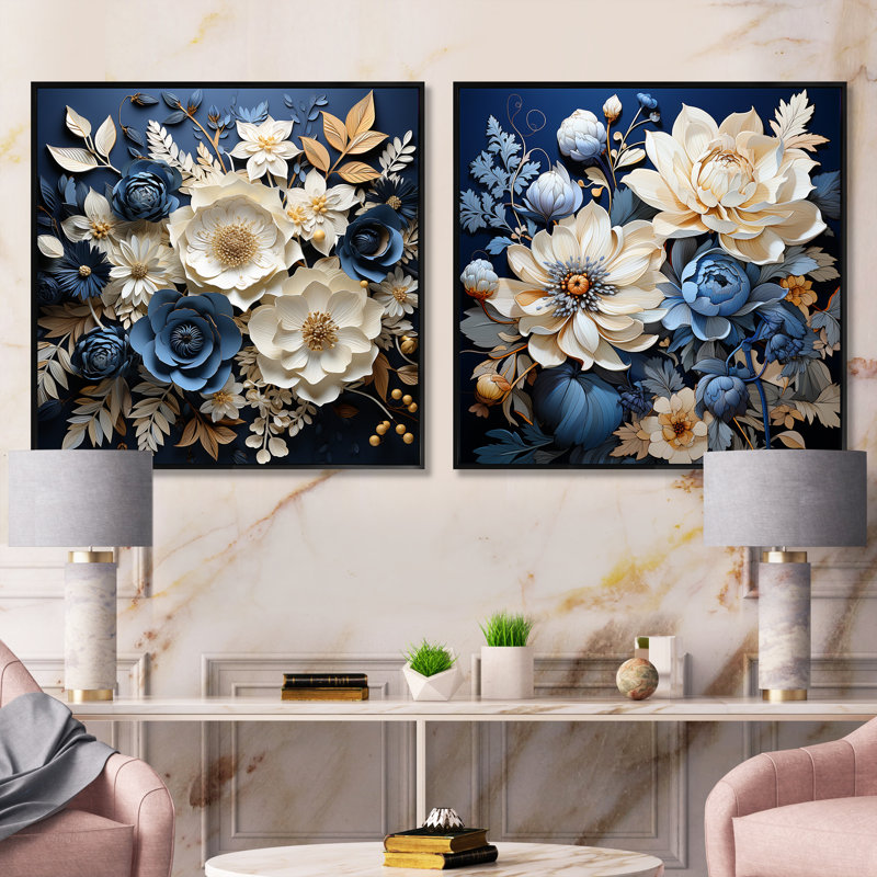 Ensemble de 2 collages de fleurs bleues et blanches saisonniers, Cadre flottant noir, H 16 po x l 33 po