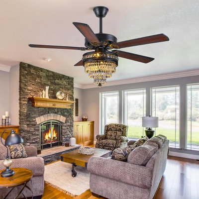 Crystal Ceiling Fan Fandelier With Lights - Modern Outdoor Fans With Remote Control，Noiseless AC Motor, Retro/Farmhouse Lighting, Dining Room， Living Room