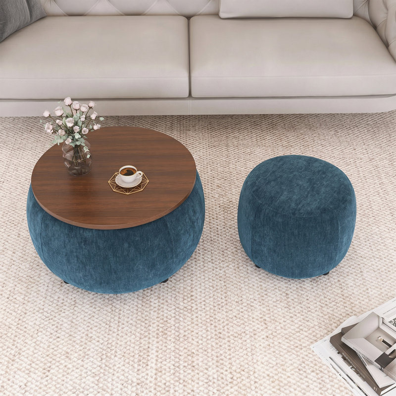 Round Storage End Table With Small Seat, Blue, Brown