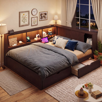 Queen Size Wood Daybed with Storage Shelves, USB, LED, and 2 Drawers, Brown
