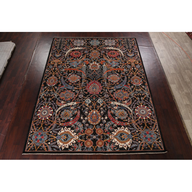 Tapis noir en laine noué à la main de conception unique 9 pi x 12 pi 1 po Ziegler