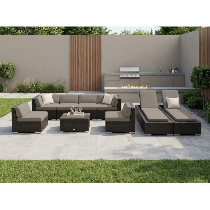 Barna 9 Piece Rattan Sectional Seating Group with Cushions - No Assembly, Taupe Sunbrella® Canvas, Black