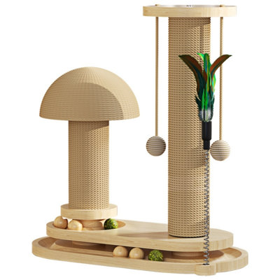Modern Wooden Cat Scratching Tower with Mushroom Scratcher, Tall Sisal Post, Top Perch, Hanging Ball Toys and Interactive Ball Tracks