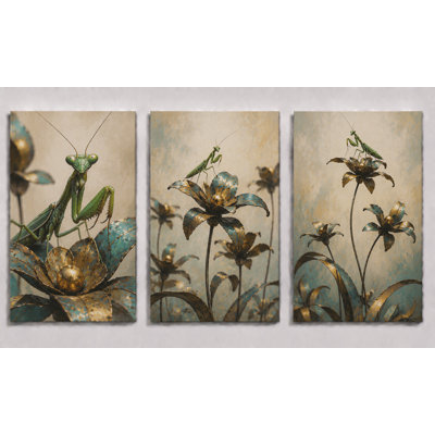 Très grand ensemble de 3 mantis priant, art mural métallique, impressions sur toile d'insectes botaniques, décoration naturelle pour le salon, bureau, chambre à coucher, moderne, impression sur toile 24 x 36 pouces - prête à être accrochée