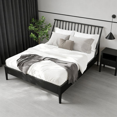 Mid-Century Modern Solid Bamboo Platform Bed with 46.5" Tall Spindle Headboard, Wooden Slats & Metal Support, No Box Spring Needed